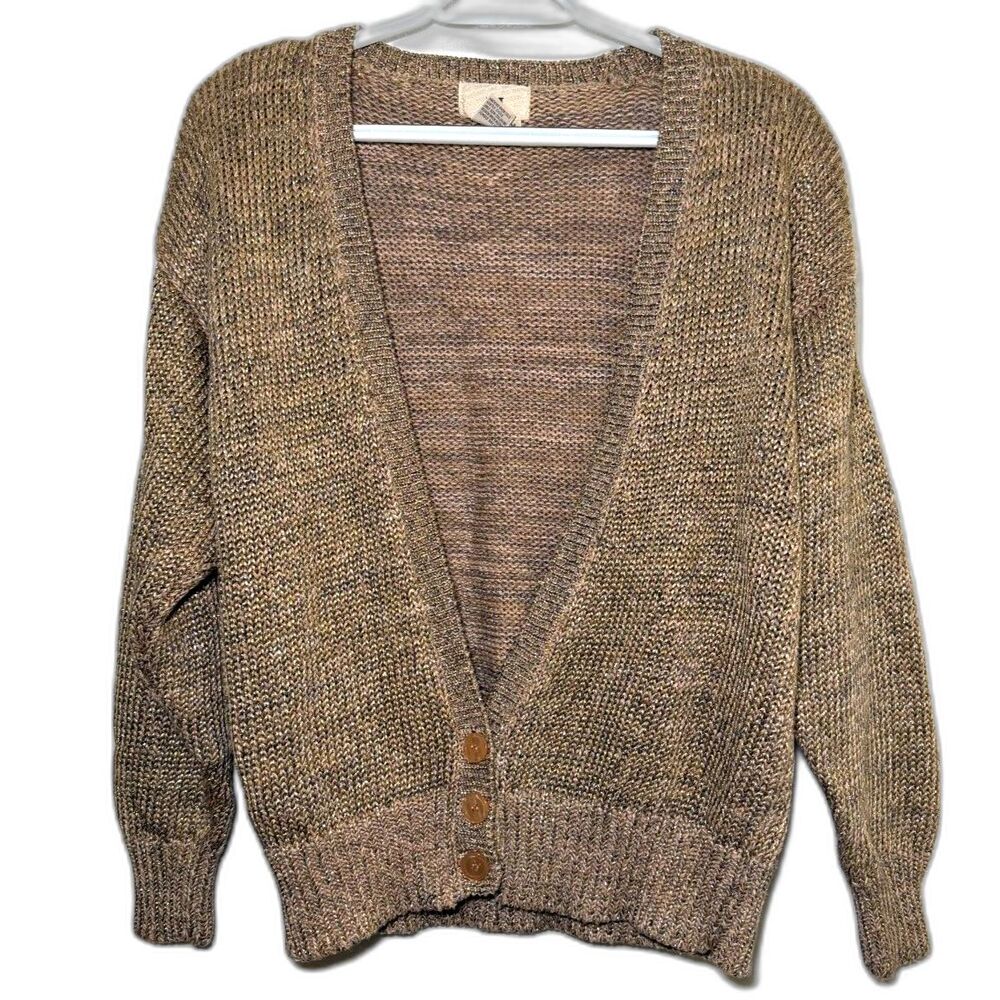 Vintage Thermo JAC Linen Blend Gold Cardigan Size Medium Chunky Holiday Sparkly